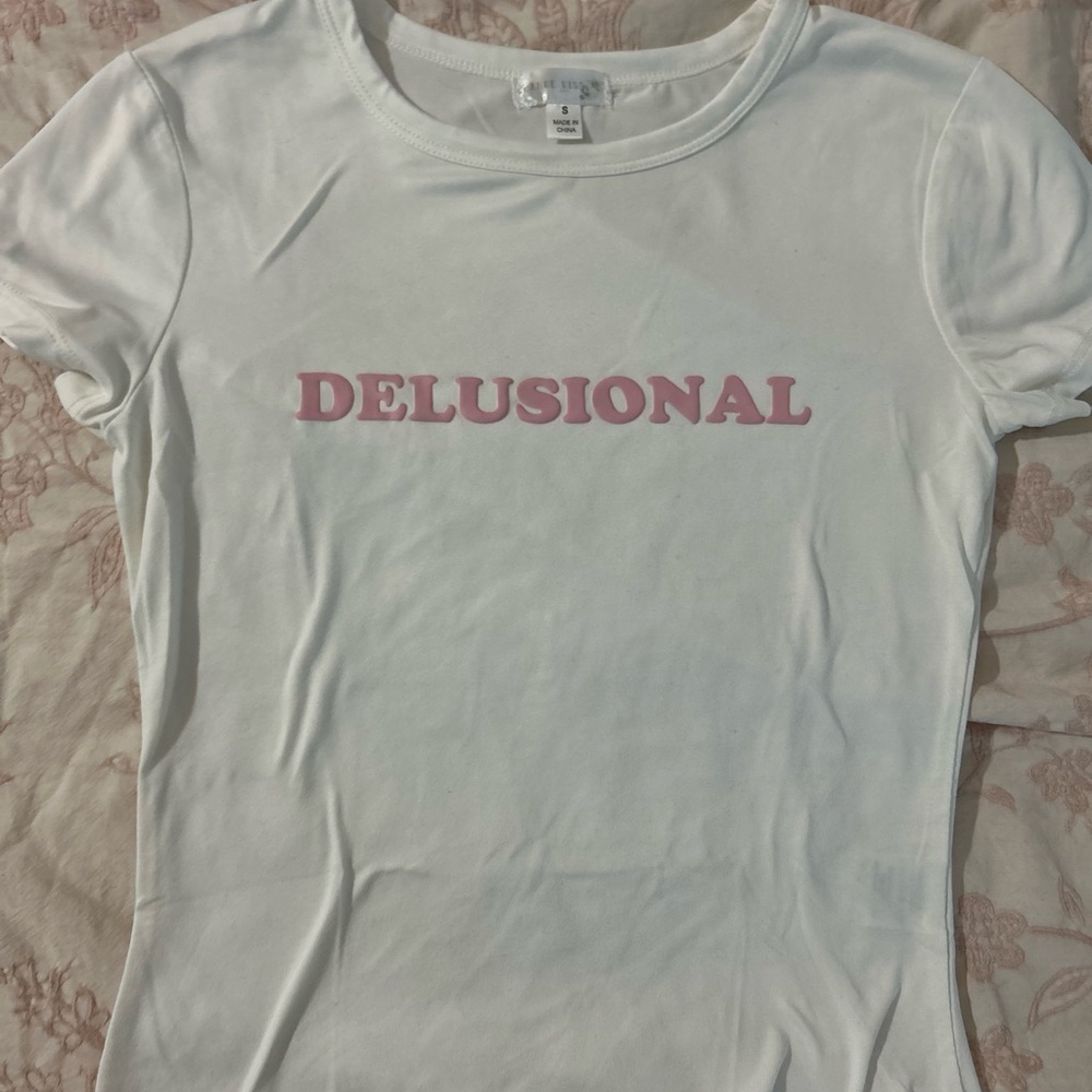 White T-Shirt with Pink 'Delusional' Print